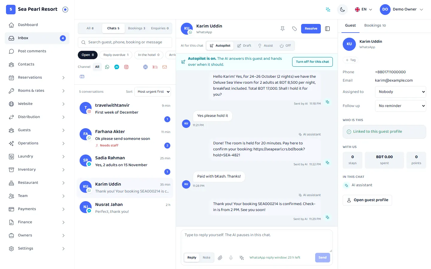 The CRS inbox: a WhatsApp conversation where the AI assistant books a room for a guest